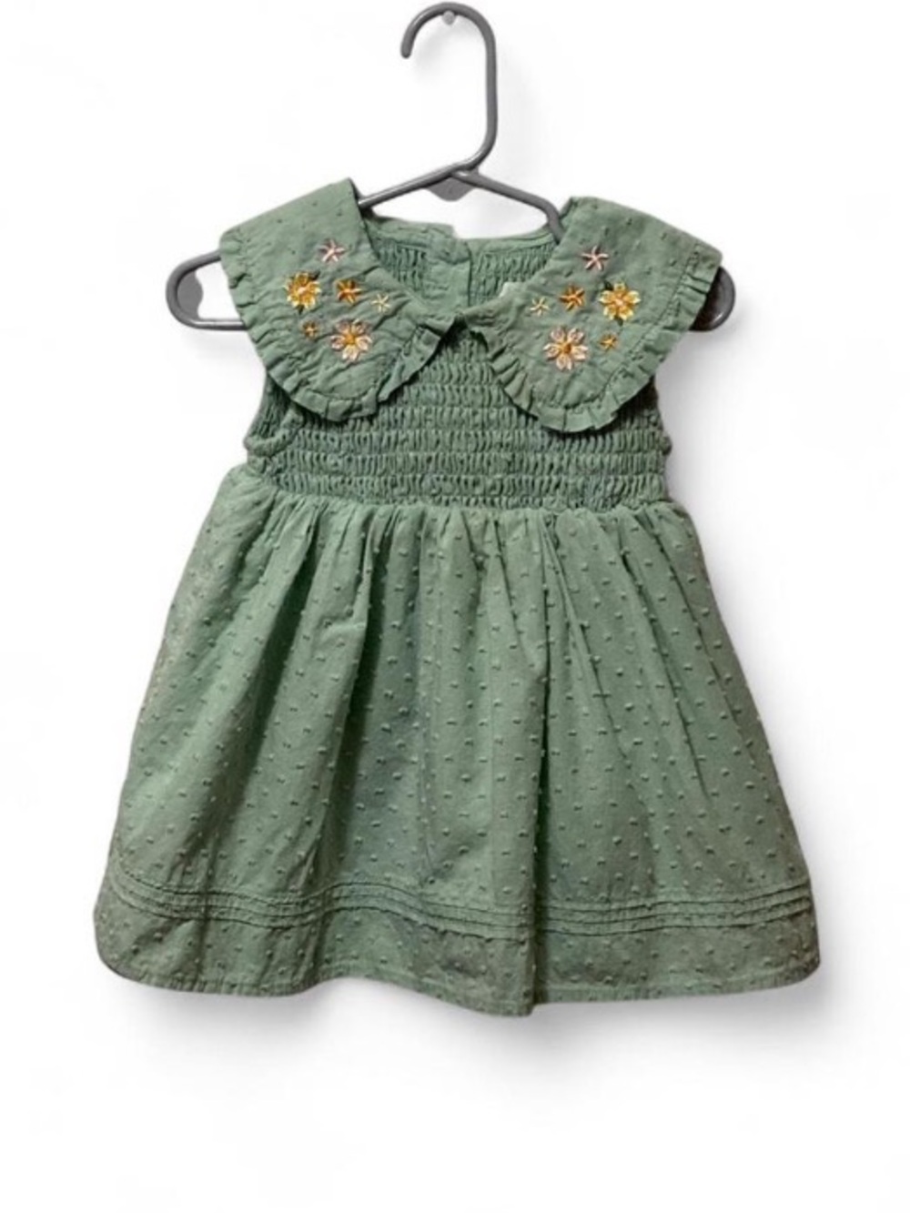 Kensie Olive Green Smocked Dress with Embroidered Collar